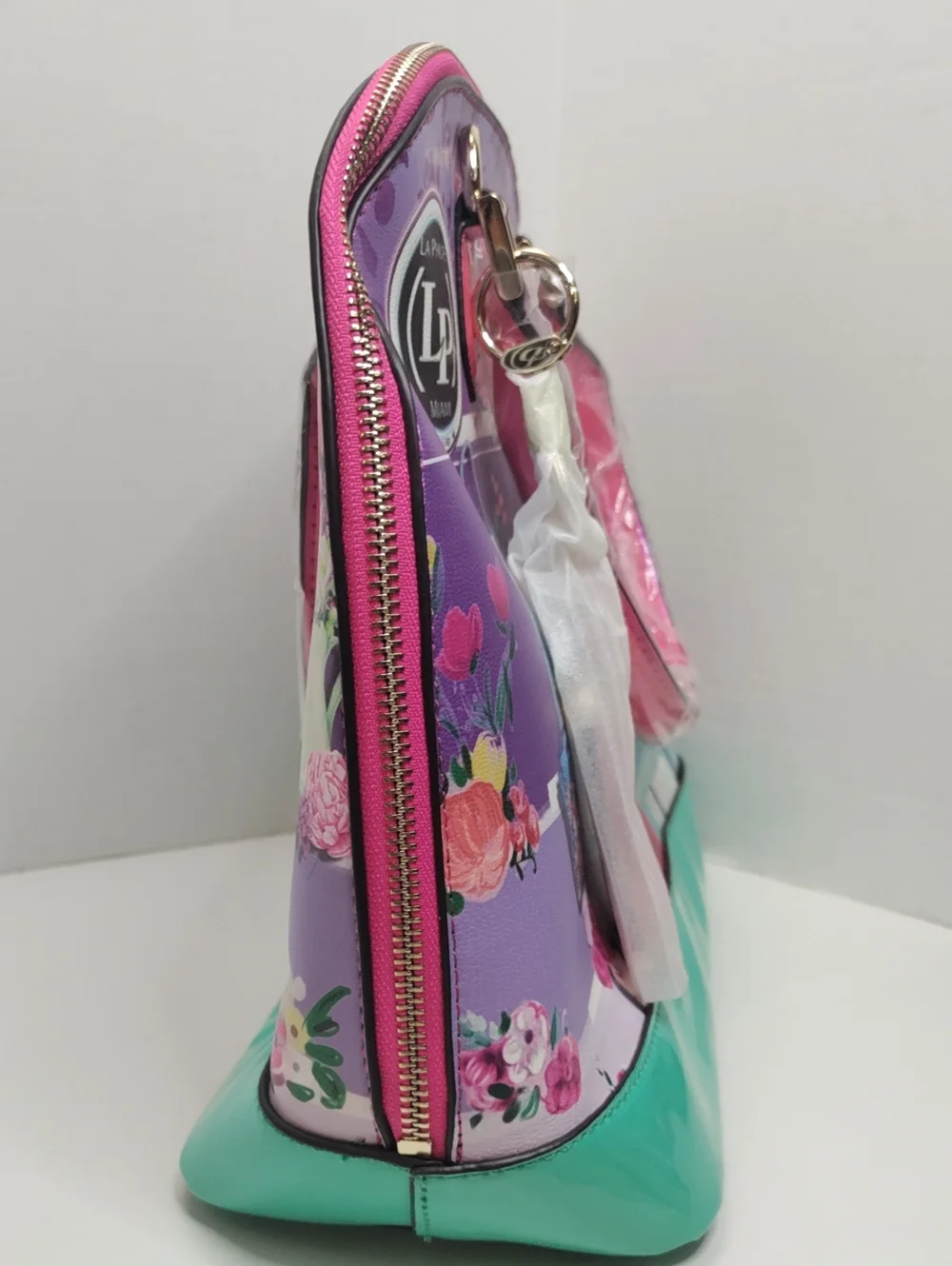 LA Philipe Pink & Teal Graphic Dome Handbag With Strap NWT With Dust Bag.